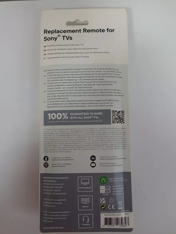 Parte trasera de un mando de repuesto para televisores Sony en su embalaje.