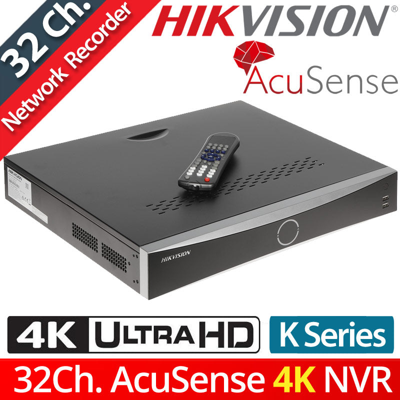 Beyaz arka planda uzaktan kumandalı Hikvision AcuSense 4K ağ video kaydedici.