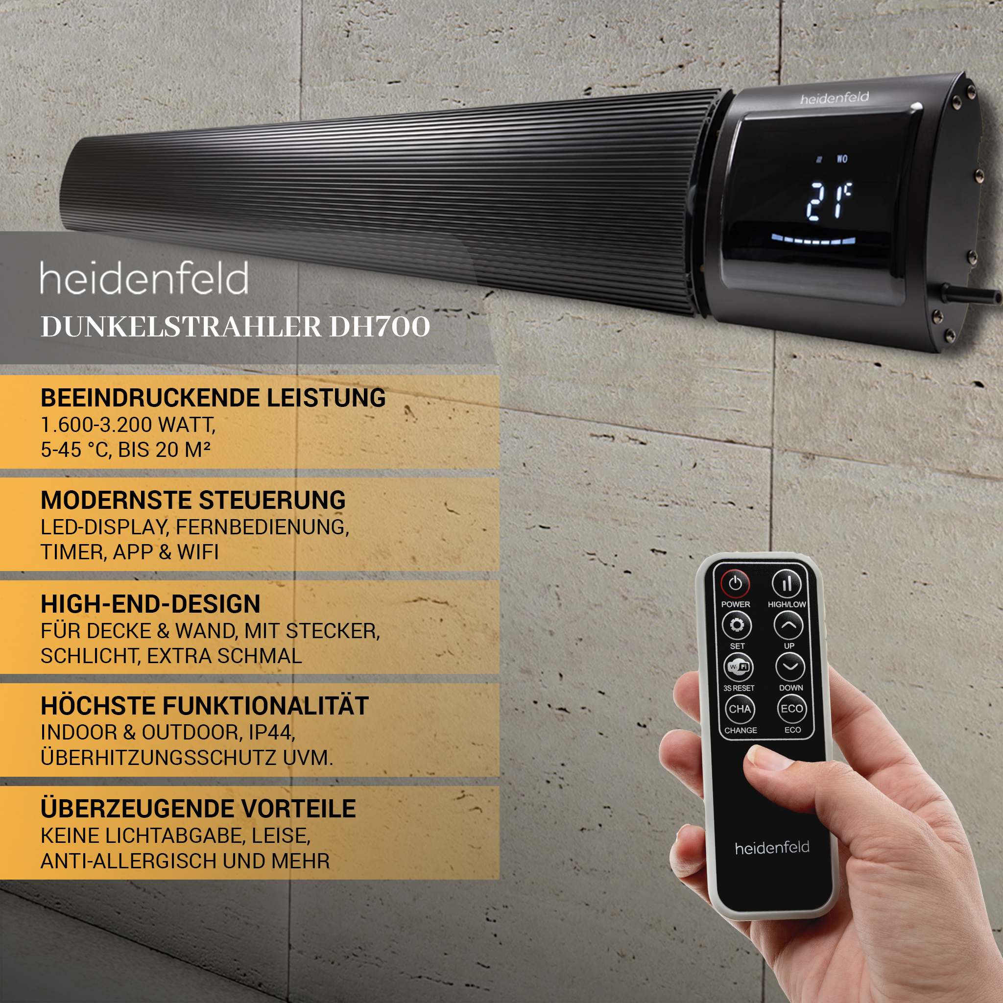 Schwarzer Heidenfeld Dunkelstrahler DH700 mit LED-Display an Wand, Hand hält Fernbedienung, daneben Texttafeln.