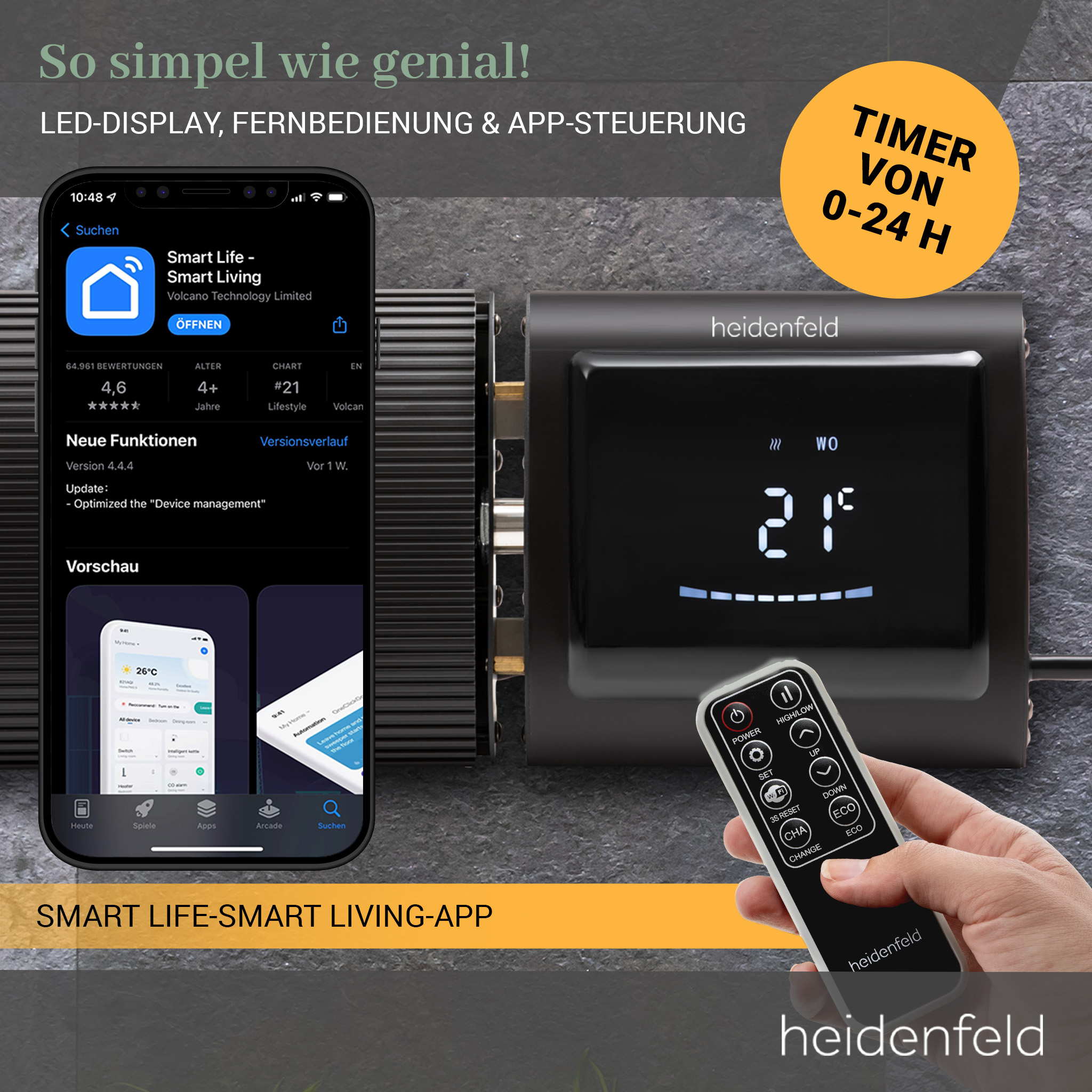 Heidenfeld Heizung mit LED-Display, Fernbedienung, 0-24h Timer und Smart Life App-Steuerung.