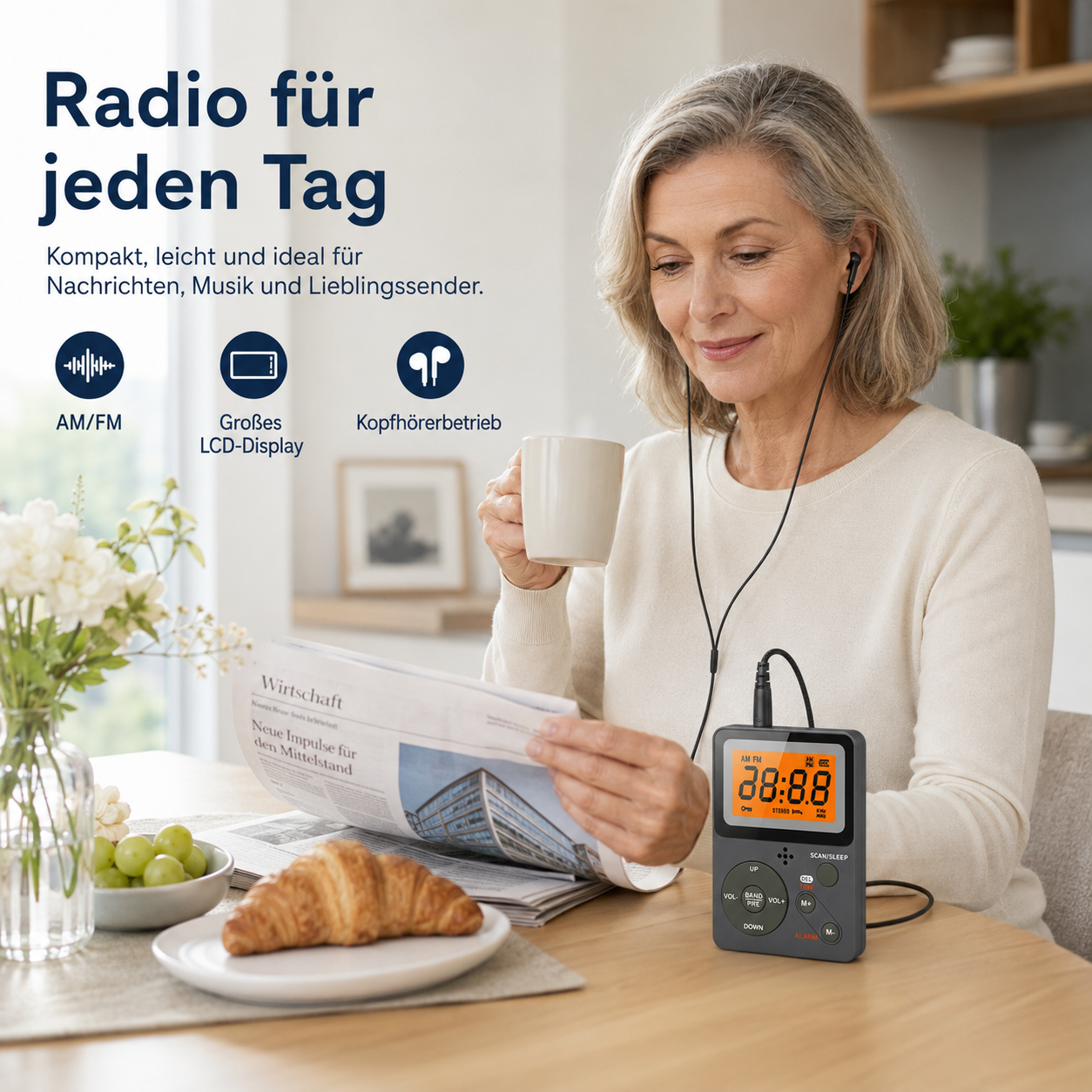 Eine ältere Frau sitzt am Tisch, hört Radio über Kopfhörer, liest Zeitung, trinkt Kaffee und genießt Frühstück.