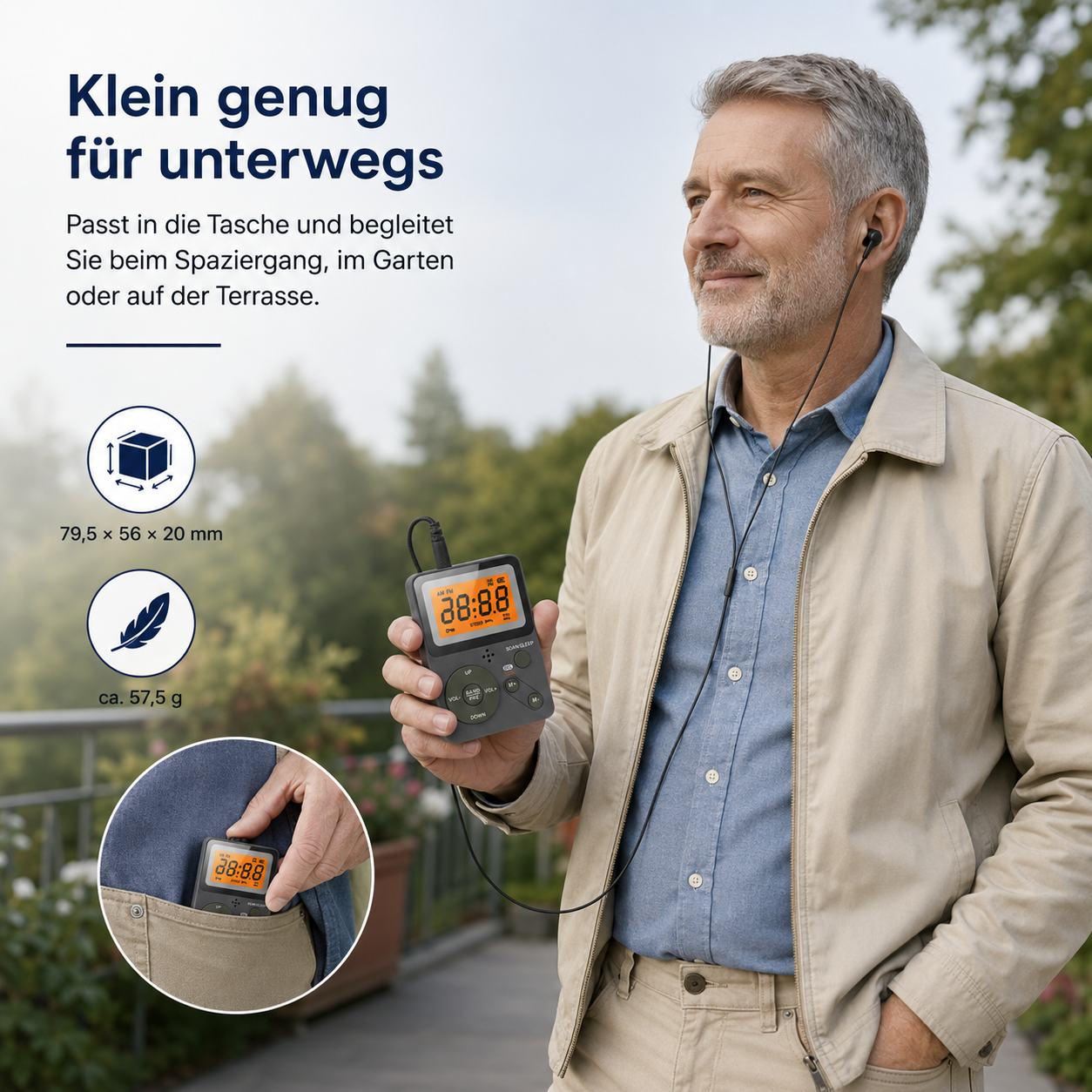 Älterer Mann hält ein kleines graues Radio mit Kopfhörern im Freien.