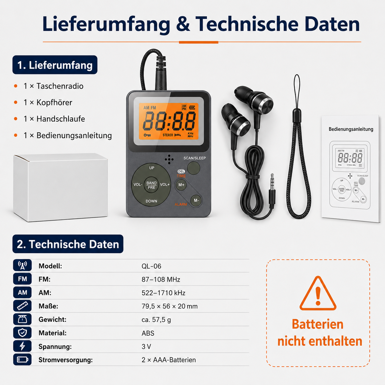 Lieferumfang und technische Daten eines Taschenradios mit Kopfhörern, Handschlaufe, Anleitung und Verpackung.