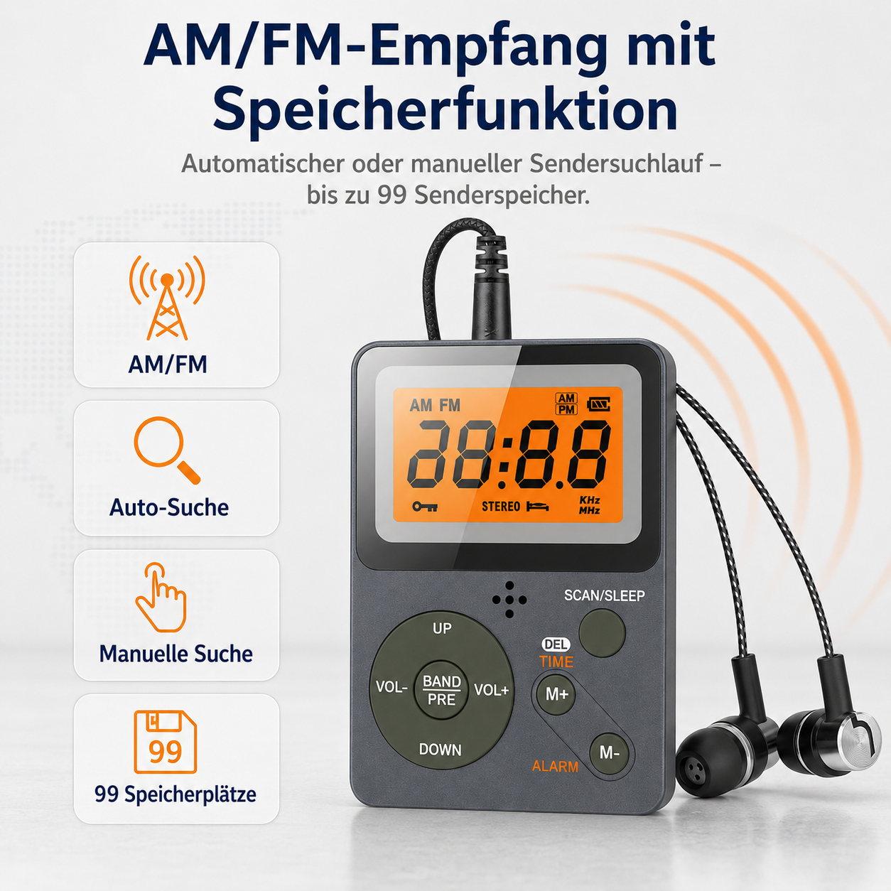Kompaktes AM/FM-Radio mit orangefarbenem Digitaldisplay, Steuertasten und kabelgebundenen Ohrhörern.