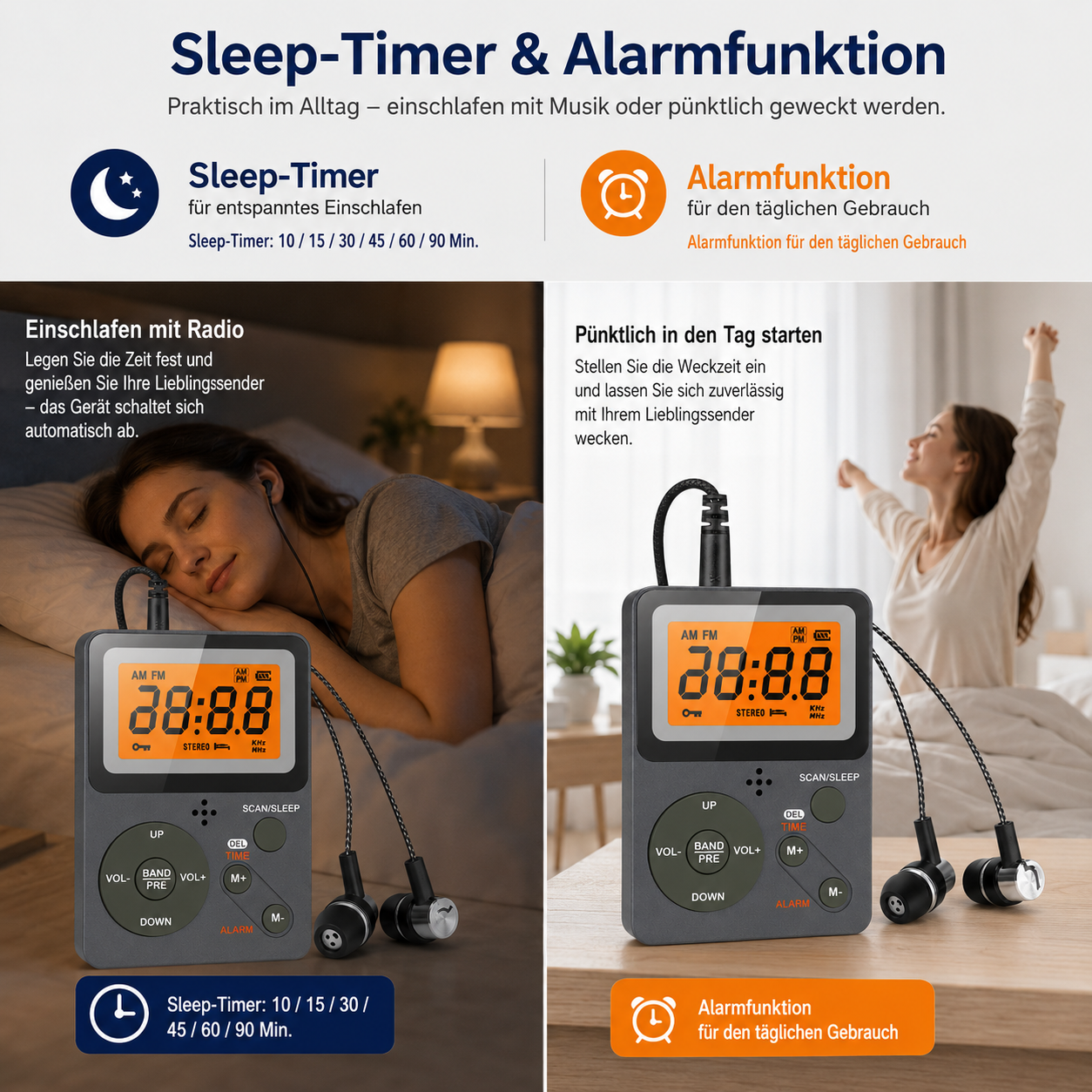 Werbung für ein Taschenradio mit Sleep-Timer und Weckfunktion, gezeigt im Einsatz beim Schlafen und Aufwachen.