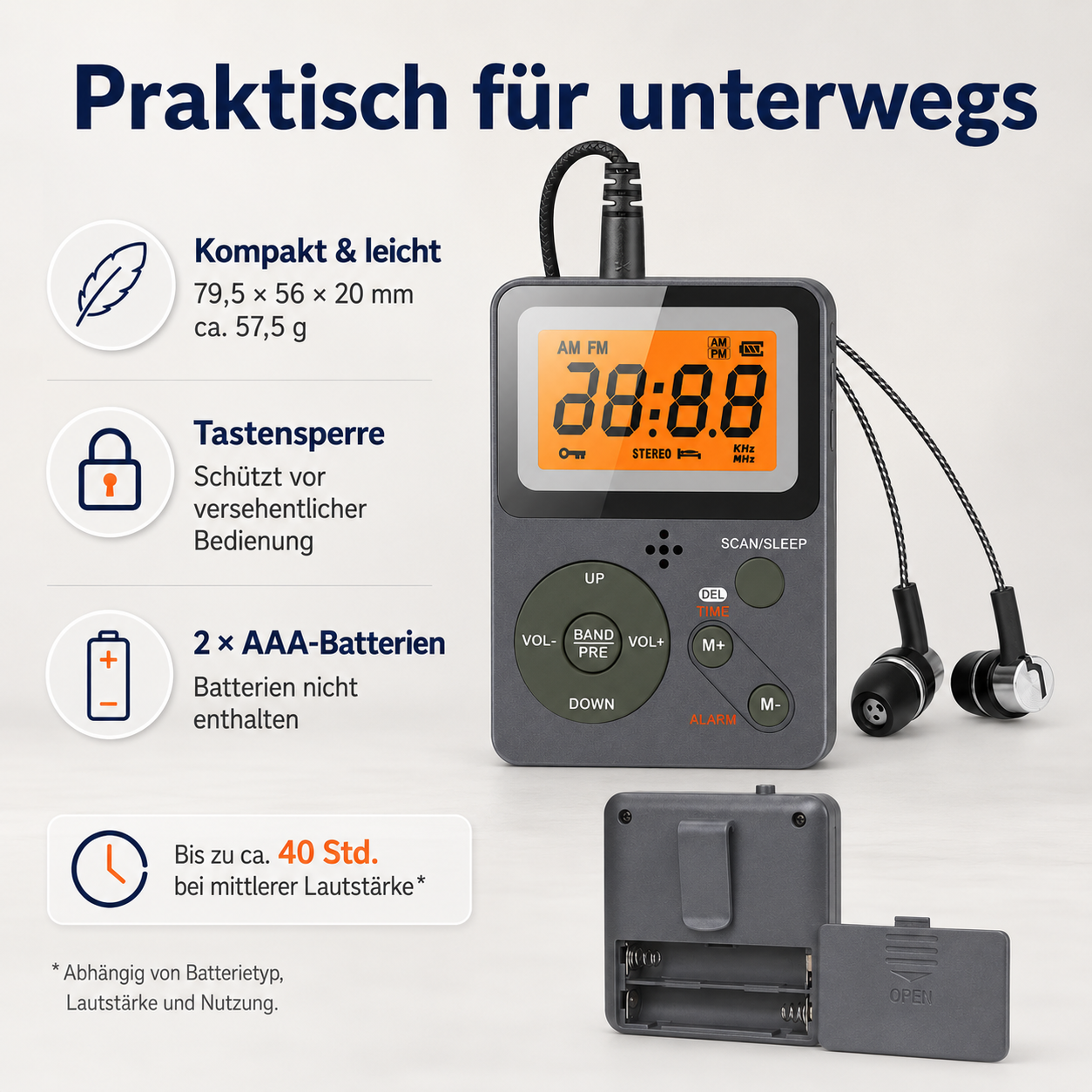 Kompaktesgraues Taschenradio mit digitalen Display, Ohrhörern und geöffnetem Batteriefach.