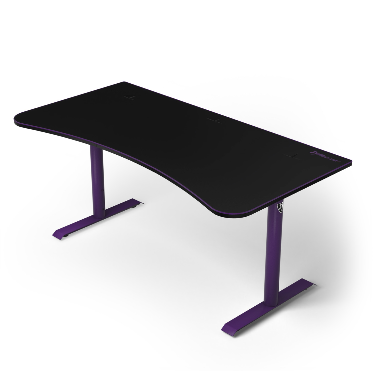 Una scrivania da gaming nera con gambe e dettagli viola su sfondo bianco.