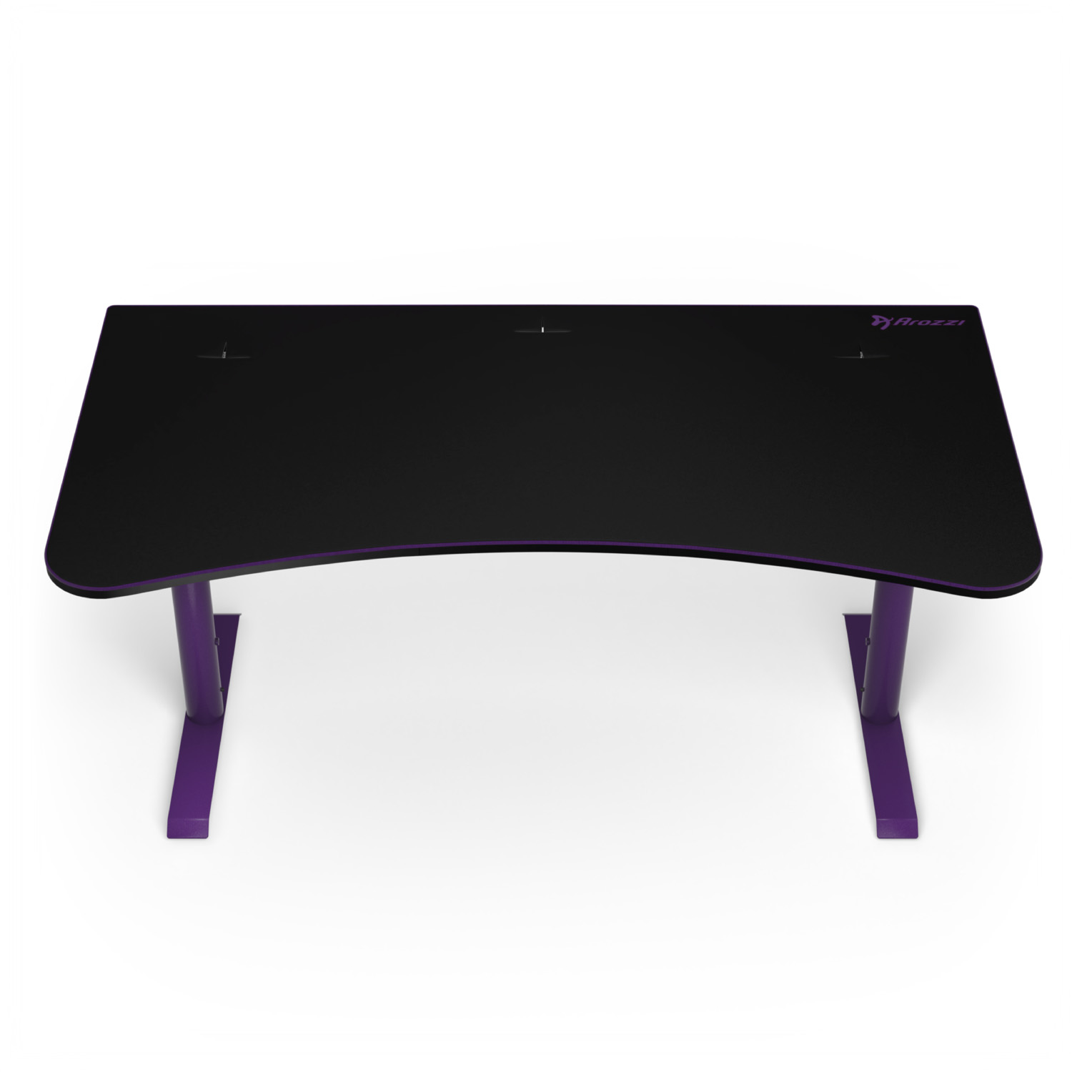 Una scrivania da gioco nera con gambe e bordi viola su sfondo bianco.
