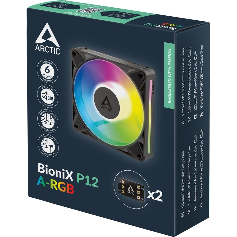 Verpackung des Arctic BioniX P12 A-RGB Lüfters mit RGB-Beleuchtung.