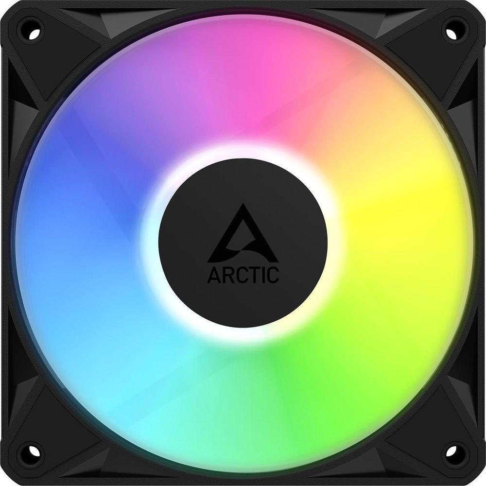 Ein schwarzer PC-Geh äuselüfter mit lebendiger RGB-Beleuchtung um eine zentrale schwarze Nabe.