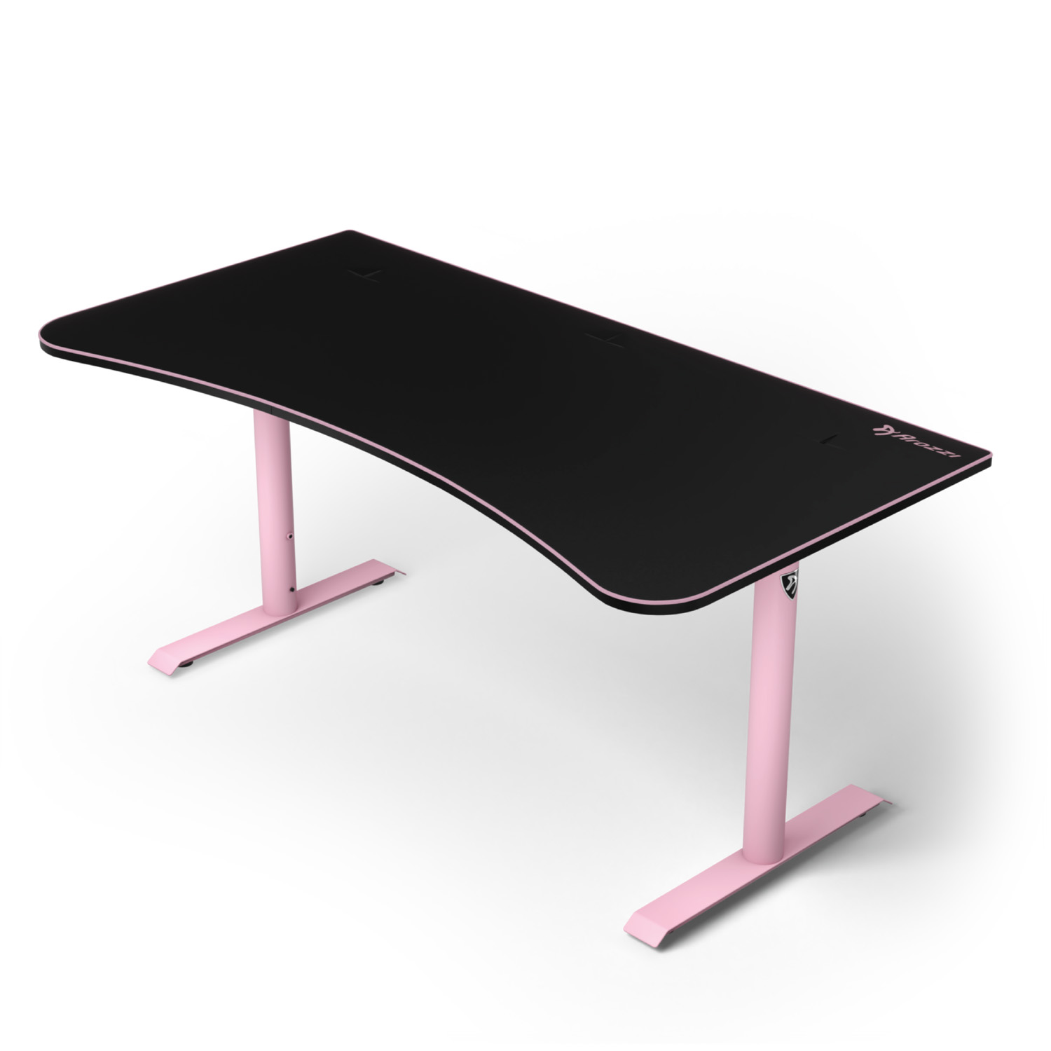 Una scrivania nera con bordo anteriore curvo e gambe rosa chiaro su sfondo bianco.