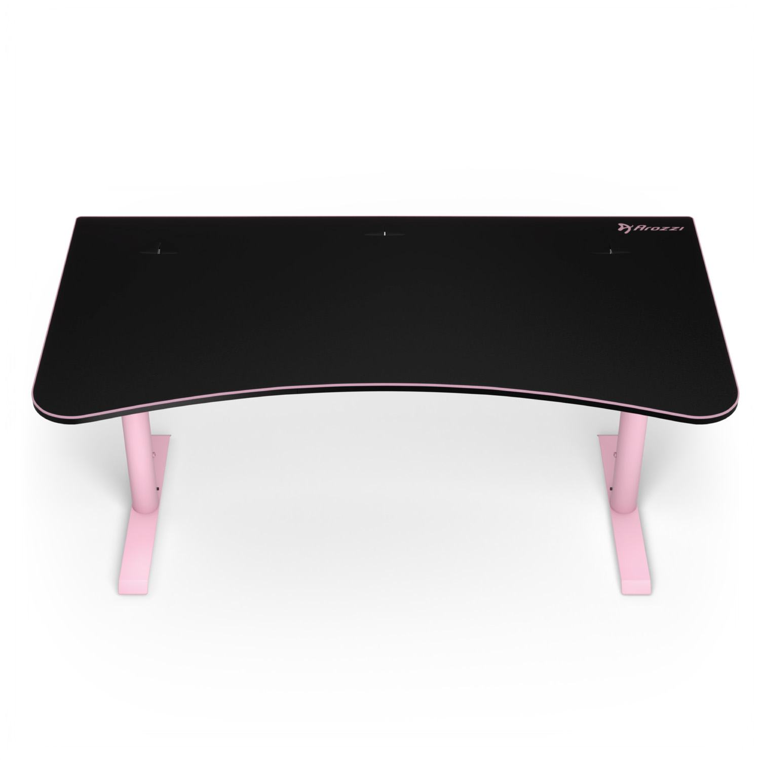 Una scrivania nera con bordo anteriore curvo e gambe rosa chiaro su sfondo bianco.
