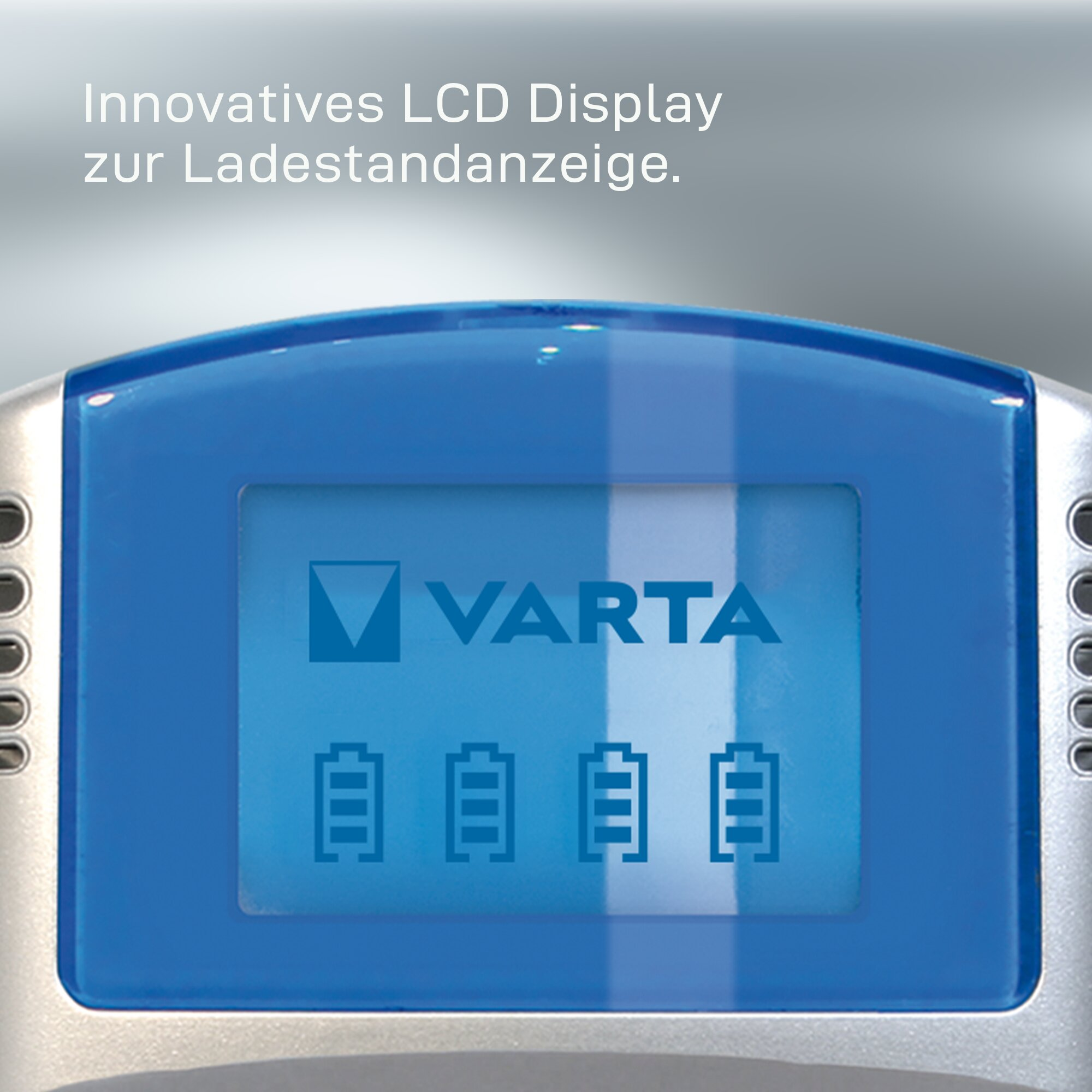 Varta charger featuring a blue LCD display with four battery status icons.