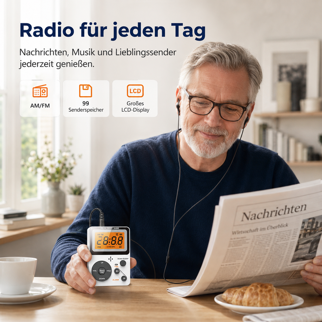 Älterer Mann liest Zeitung, hört Radio über Kopfhörer und hält ein kleines Digitalradio in der Hand.