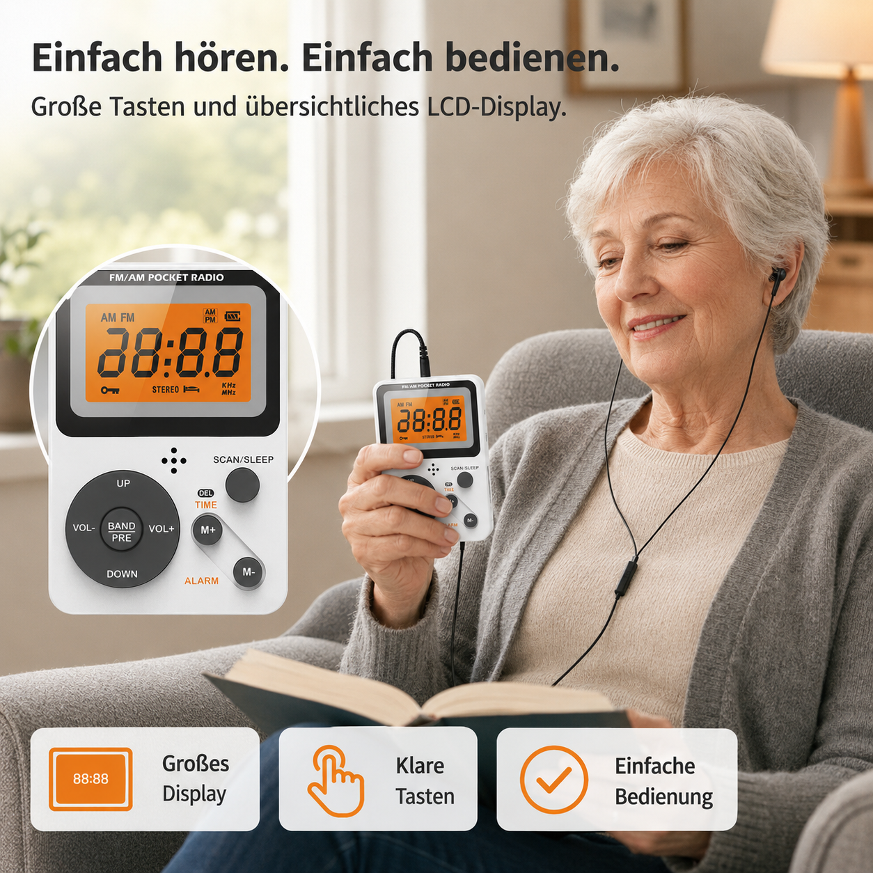 Ältere Frau hält ein Taschenradio mit großem Display und Knöpfen, während sie liest.