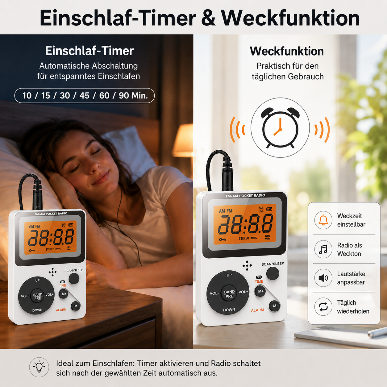 Tragbares Radio mit Einschlaf-Timer und Weckfunktion für entspanntes Einschlafen und Aufwachen.