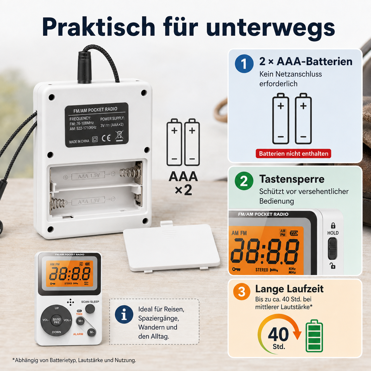 Ein weißes Taschenradio mit AAA-Batteriefach und Funktionen wie Tastensperre und langer Laufzeit.
