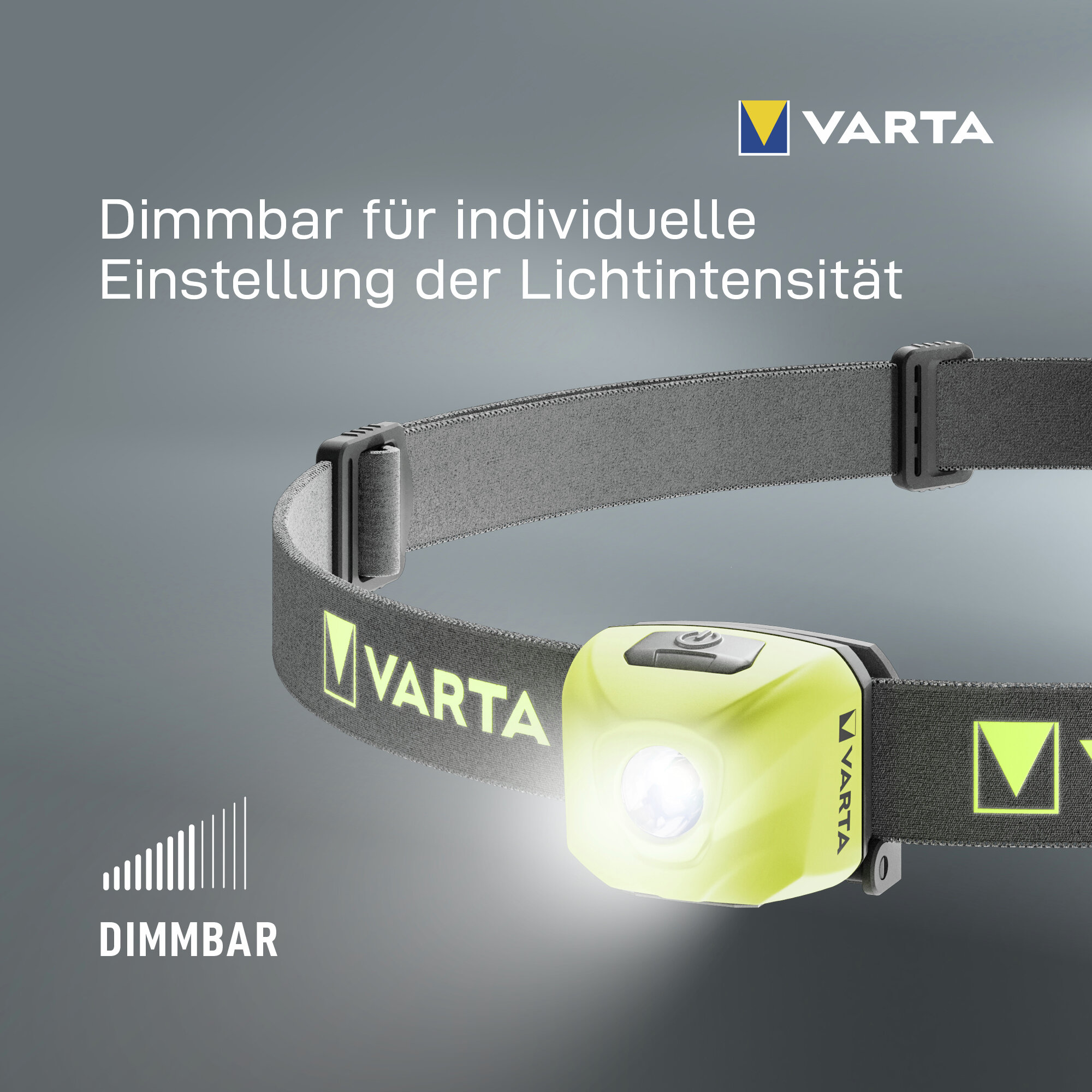 Una linterna frontal Varta con luz regulable, cinta gris y logotipo de Varta sobre fondo gris.