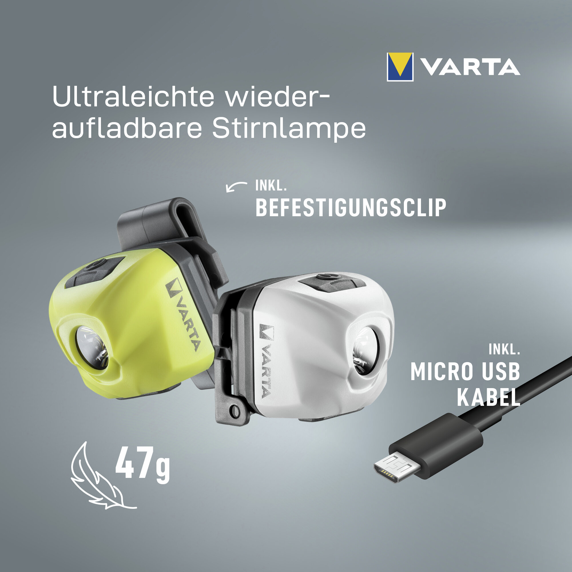 Dos linternas frontales Varta en amarillo y blanco con un cable micro USB y texto.
