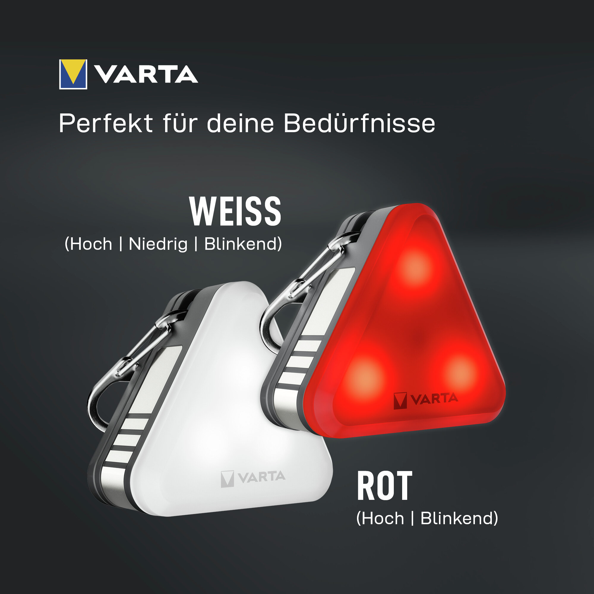 Luces de seguridad LED Varta en blanco y rojo sobre fondo oscuro con texto.
