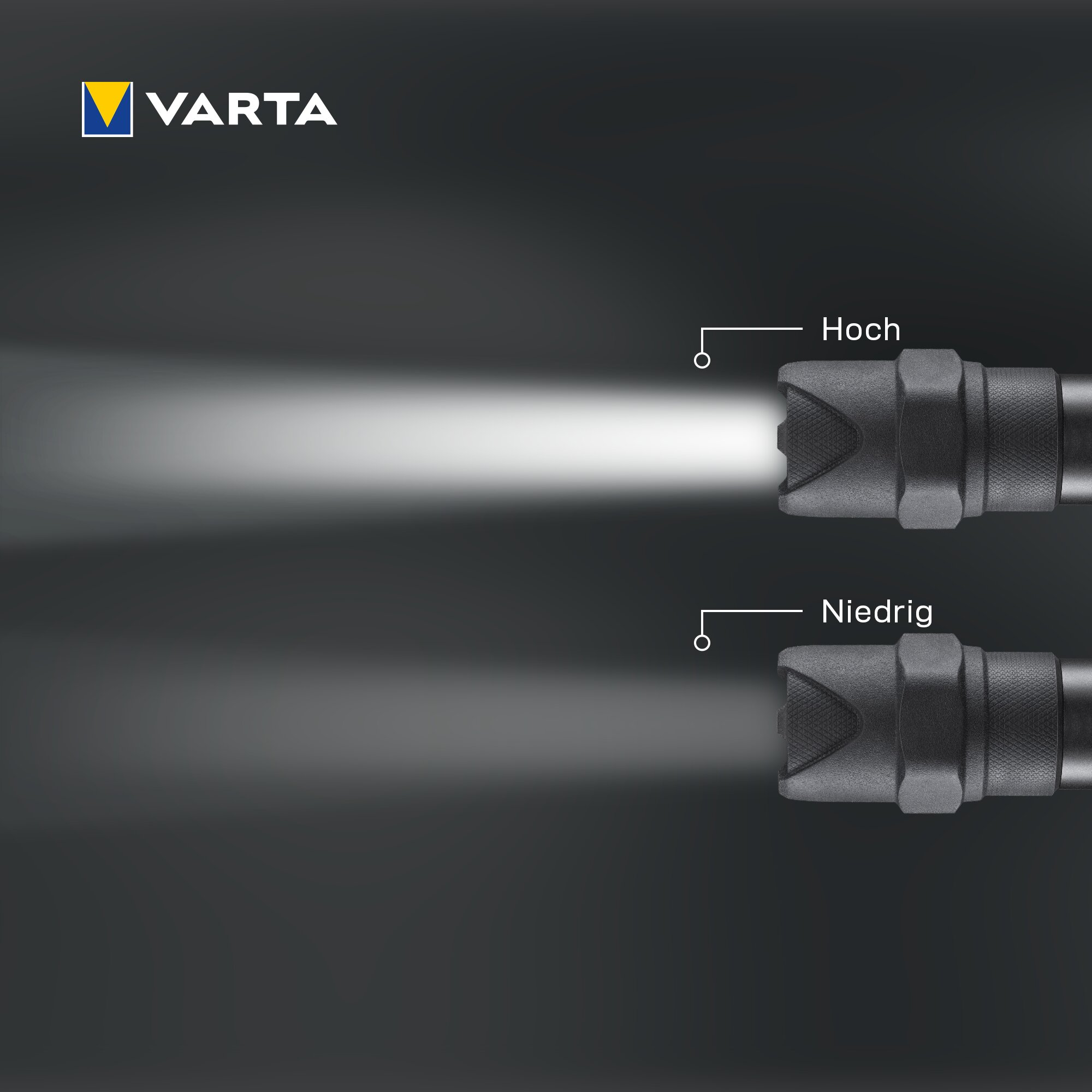 Logotipo de Varta y dos linternas comparadas con salida de luz alta y baja sobre fondo oscuro.