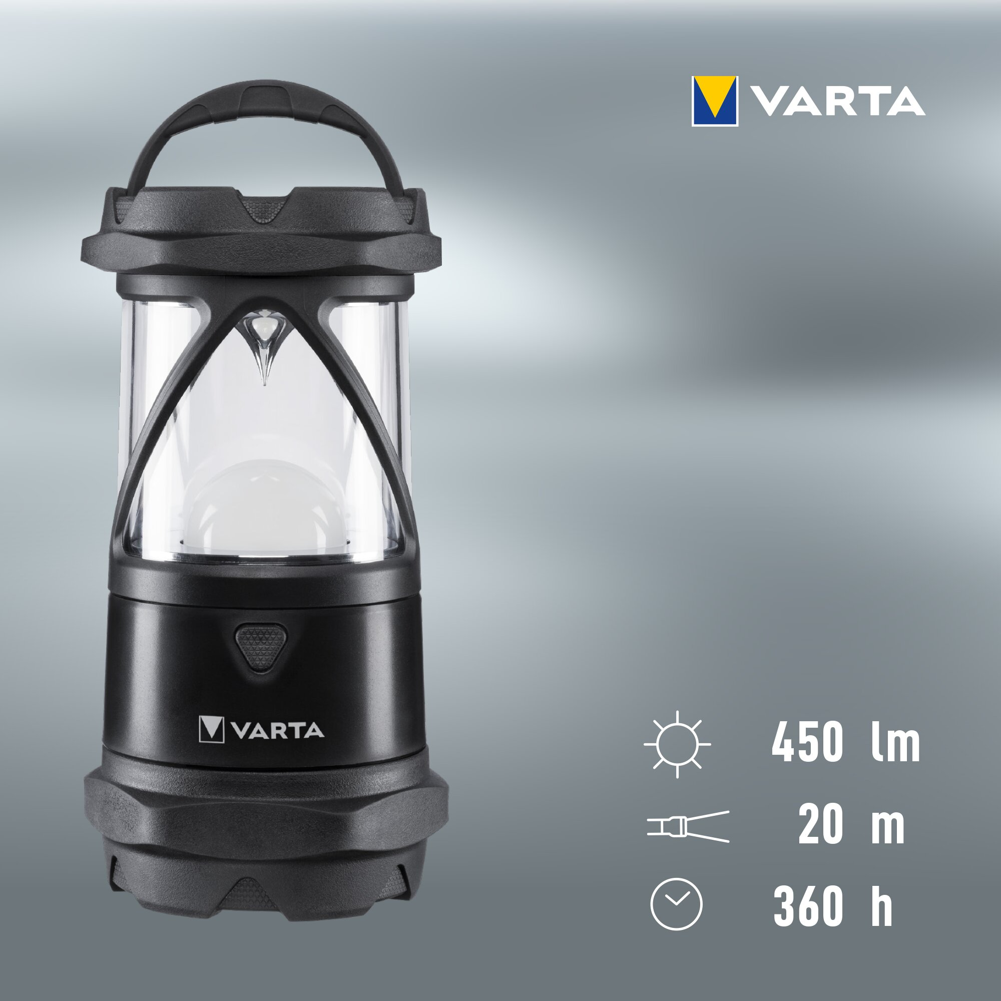Schwarze Varta-Campinglaterne vor grauem Hintergrund mit Produktdaten 450 lm, 20 m und 360 h.