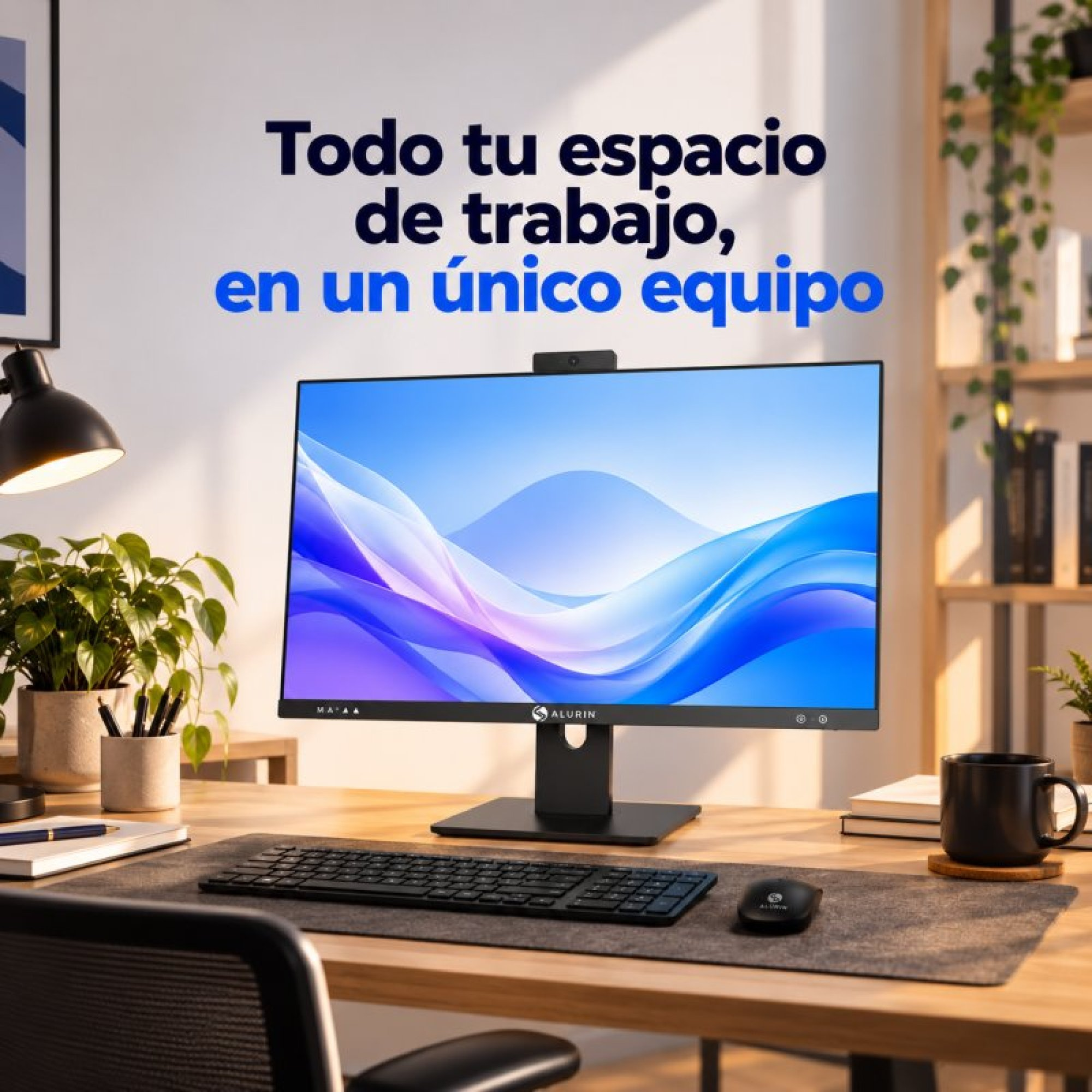 Una scrivania con computer all-in-one Alurin, tastiera, mouse, piante e lampada in ufficio.