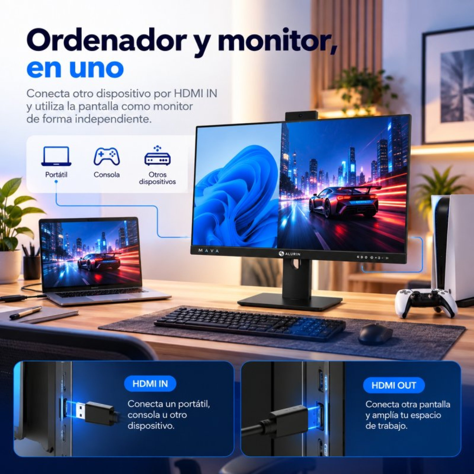 Una scrivania con monitor, laptop, tastiera, mouse e console, che mostra le opzioni di connessione HDMI.