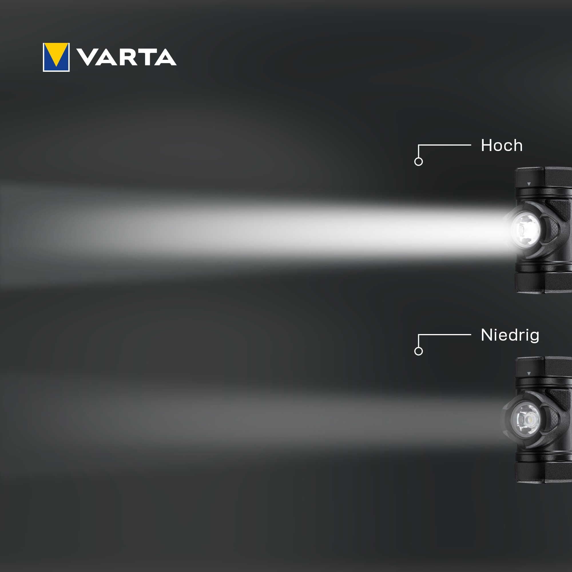 Logotipo de Varta y dos linternas que muestran ajustes de luz alta y baja.