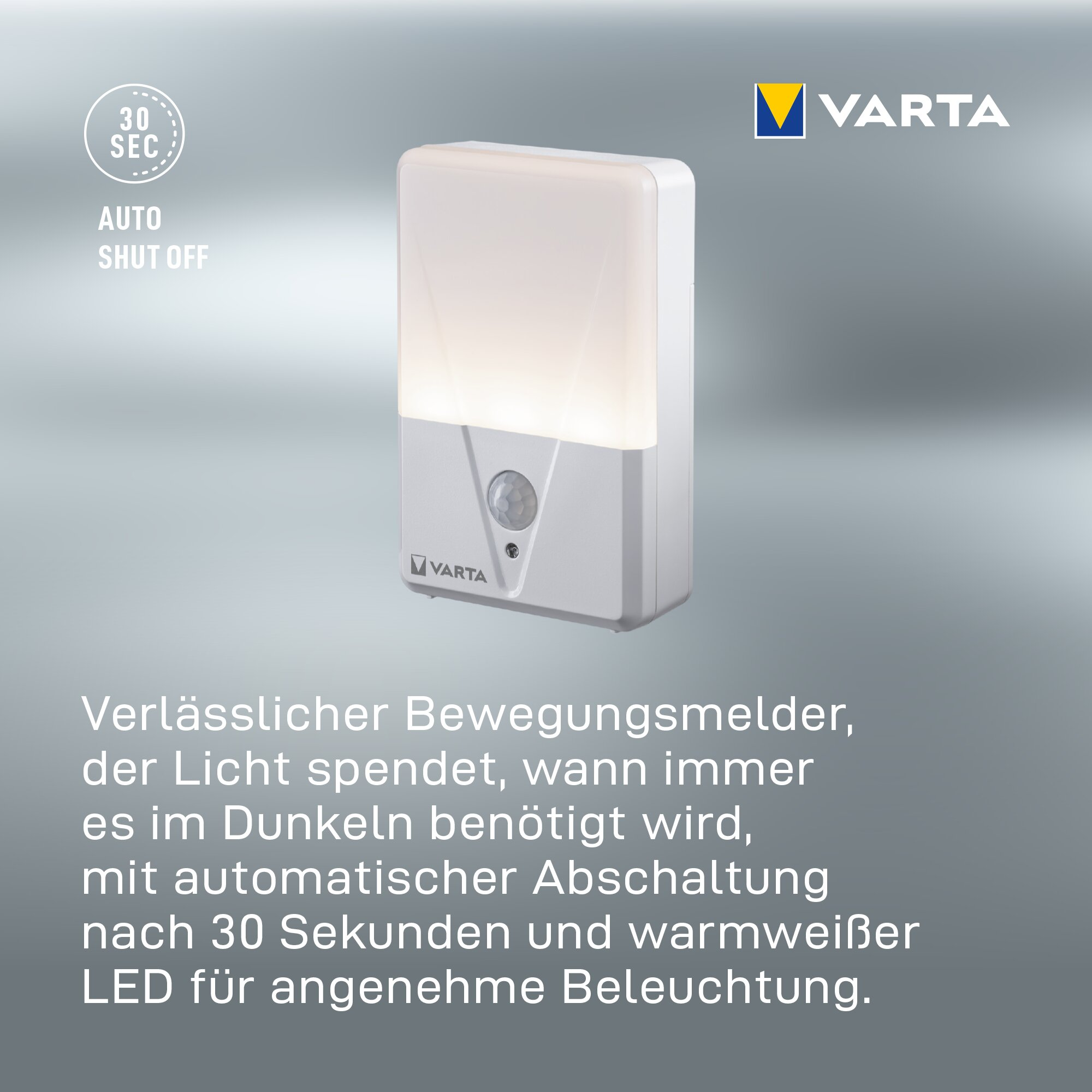 Varta LED-Bewegungsmelder mit 30 Sekunden Auto-Abschaltung auf grauem Hintergrund.
