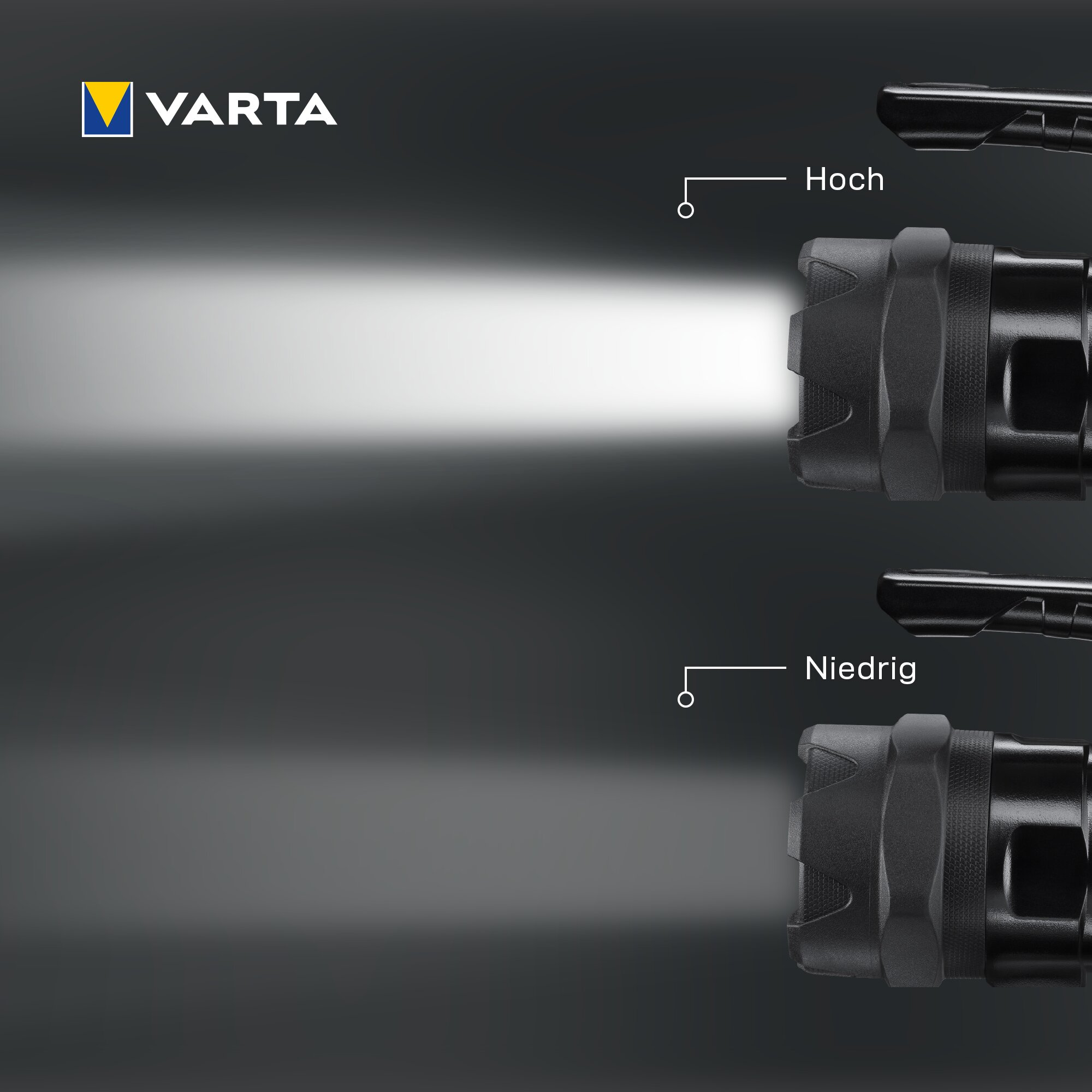Confronto torcia Varta con impostazioni alta e bassa su sfondo scuro con logo Varta.