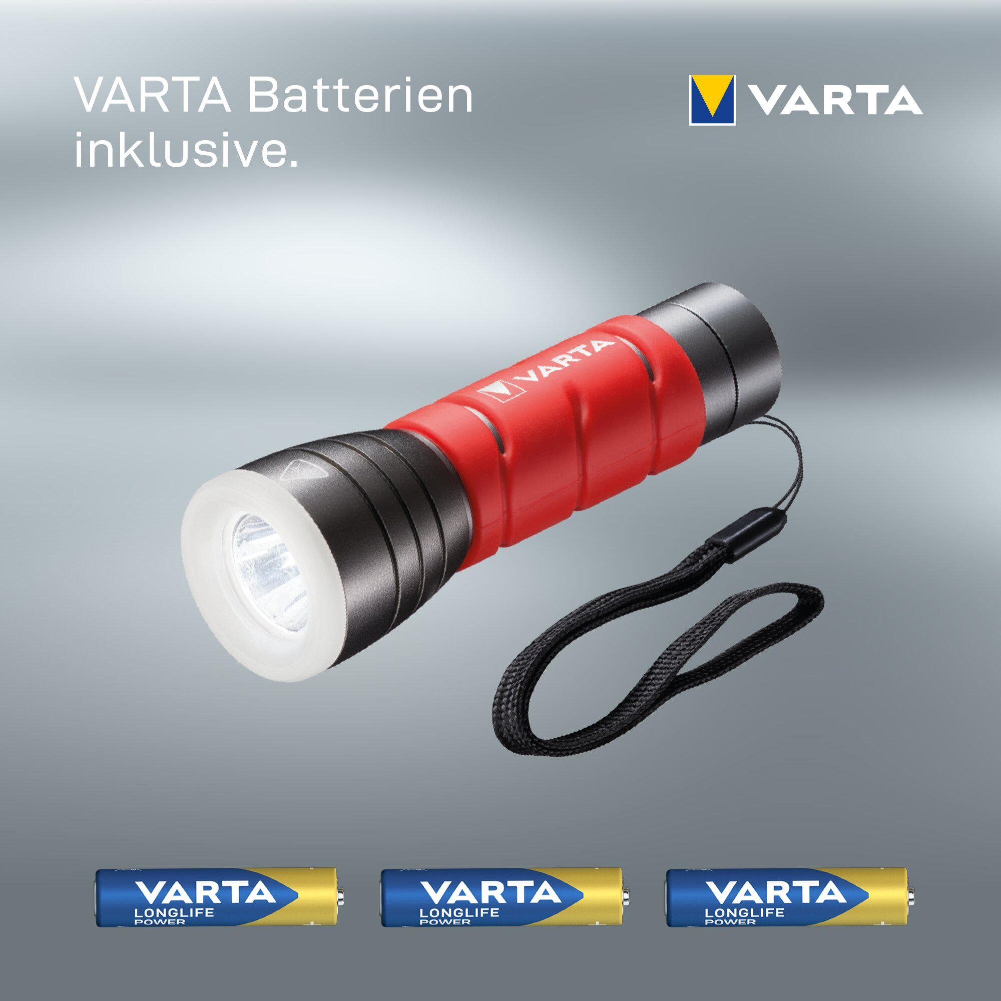 Red and grey Varta flashlight with strap, text and logo above, and three Varta batteries below.