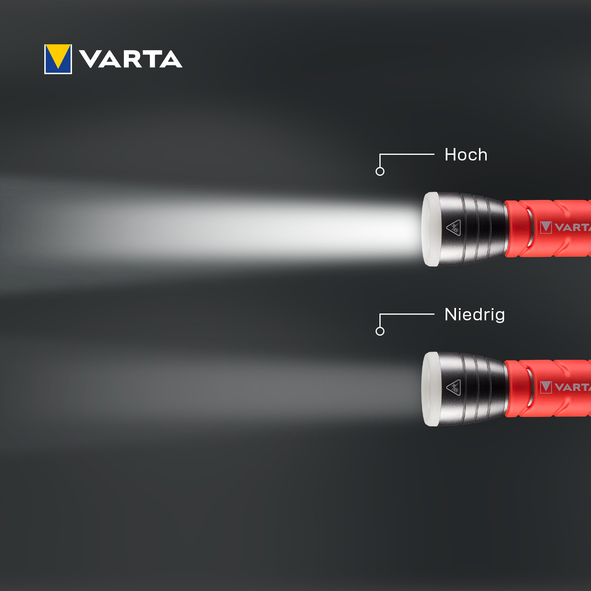 Two Varta flashlights emitting bright and dim light beams, labeled High and Low in German.