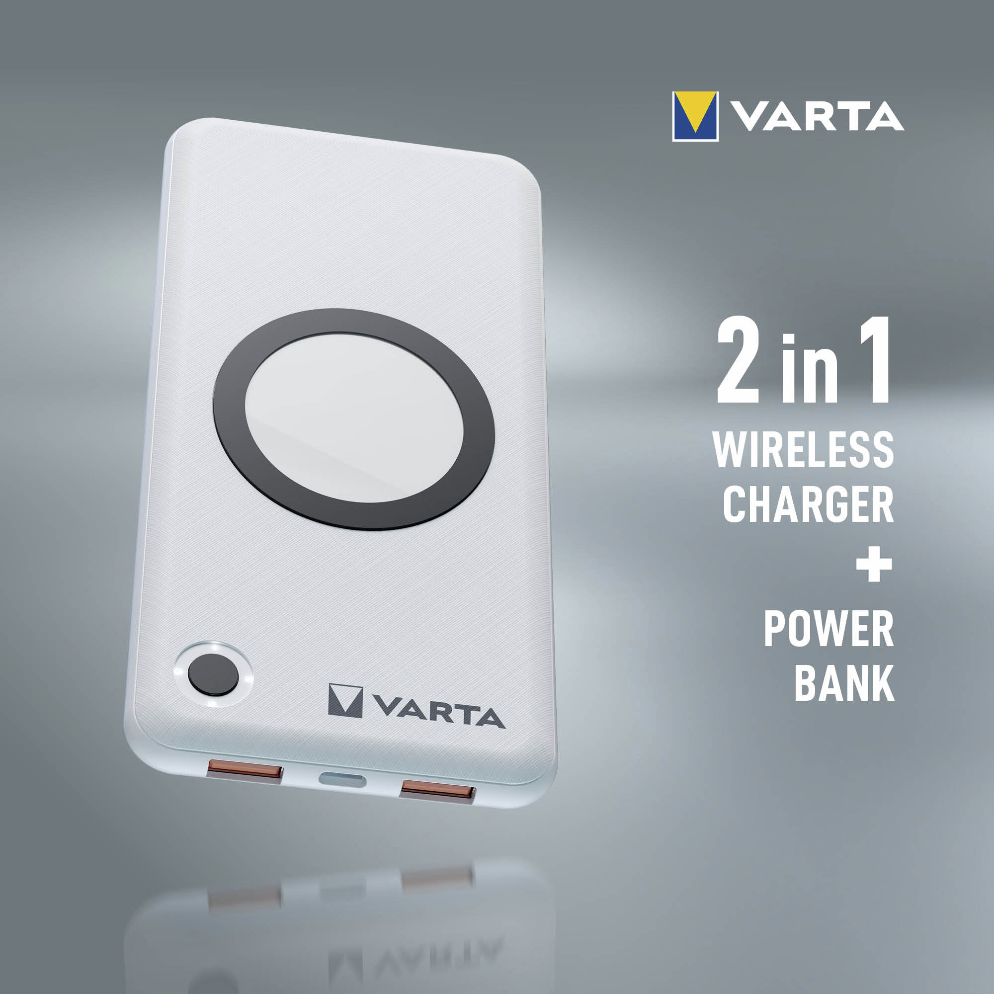 Varta 2 in 1 kabelloses Ladegerät und Powerbank in Weiß mit schwarzem Ring.