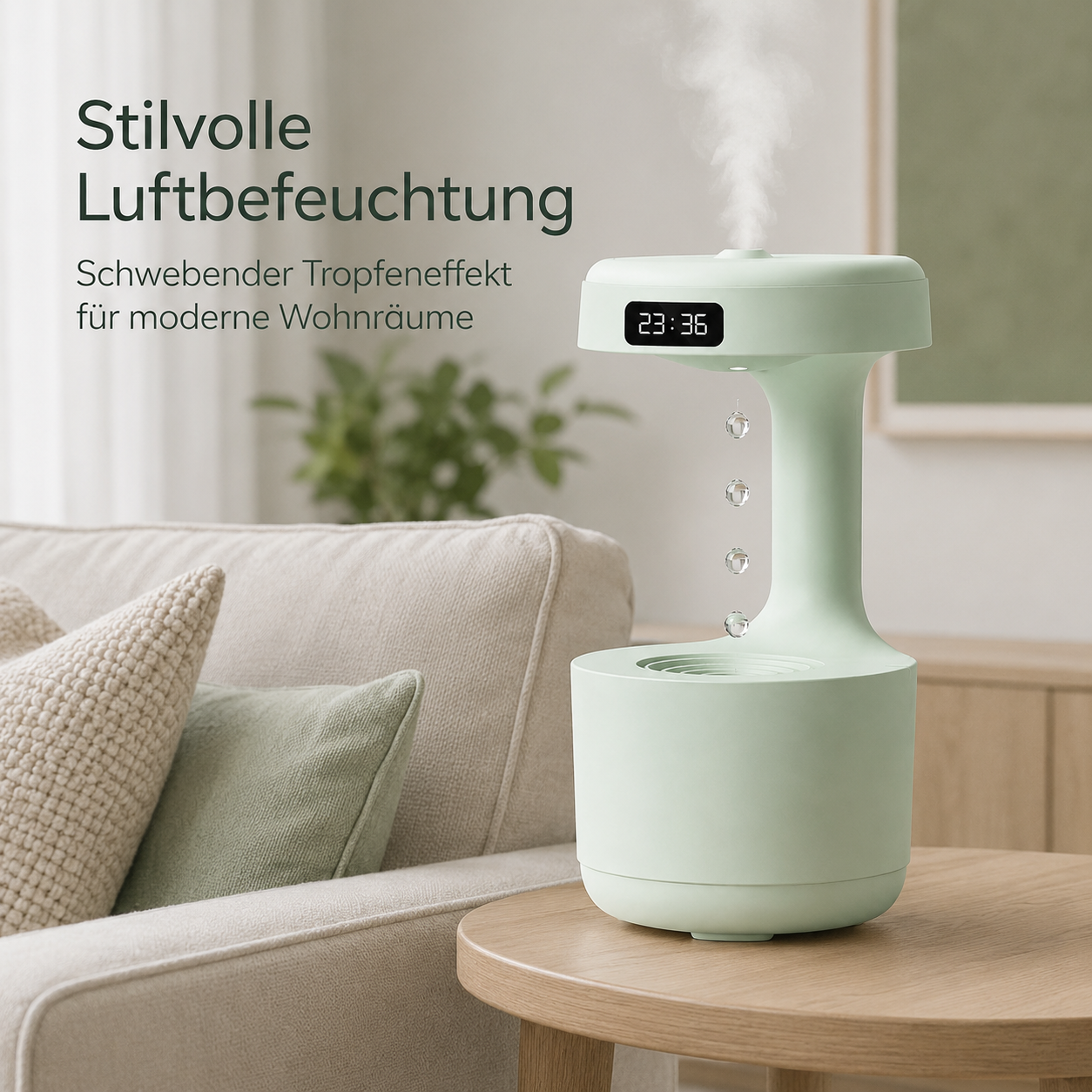 Ein grüner Luftbefeuchter auf einem Holztisch mit Wassertropfen und Text im Hintergrund.