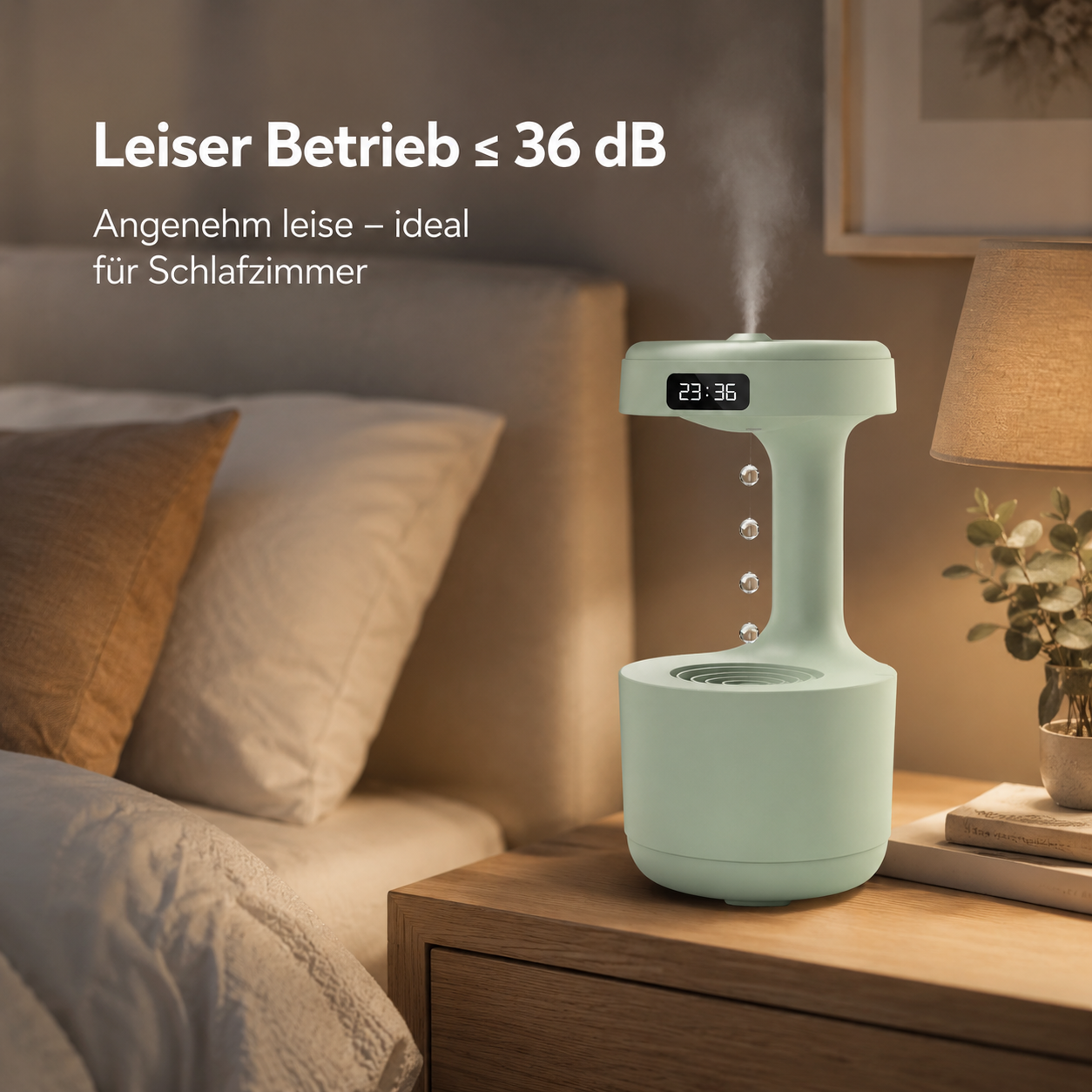 Ein mintgrüner Luftbefeuchter mit Zeitanzeige auf einem Nachttisch im Schlafzimmer.