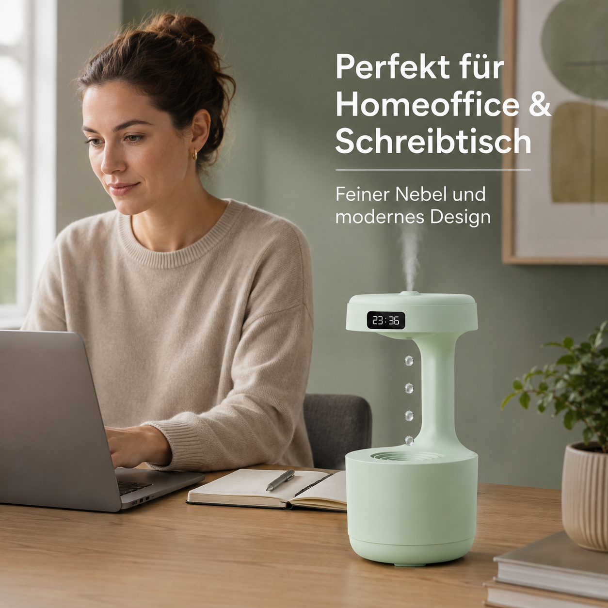 Eine Frau arbeitet am Laptop am Schreibtisch neben einem modernen hellgrünen Luftbefeuchter.