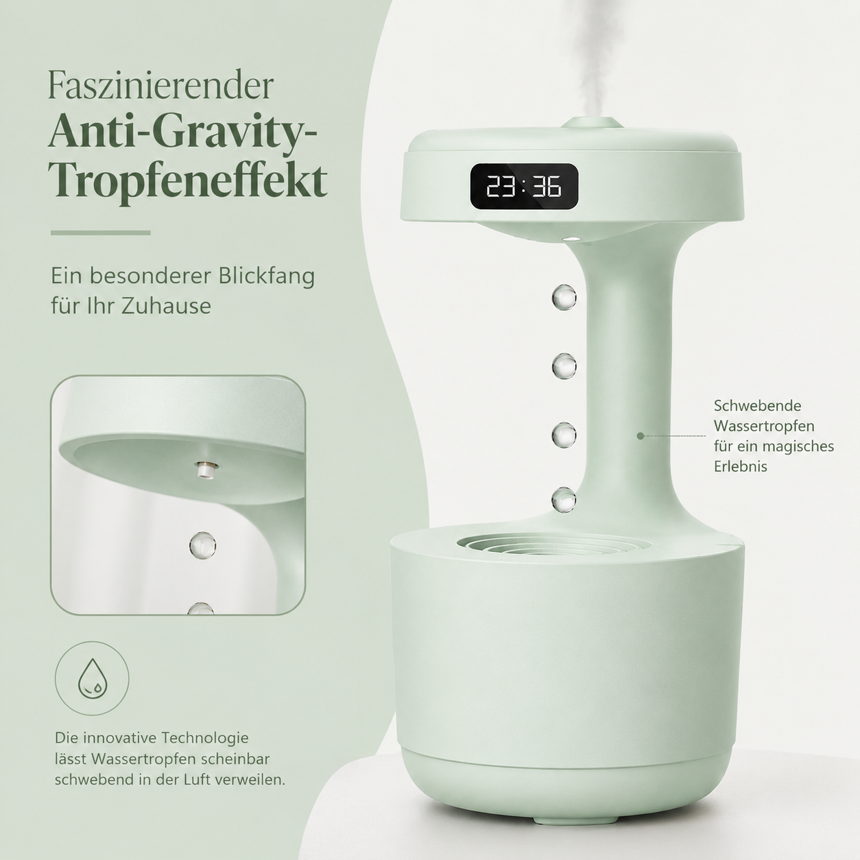 Grüner Anti-Schwerkraft-Luftbefeuchter mit schwebenden Wassertropfen und digitaler Uhr.
