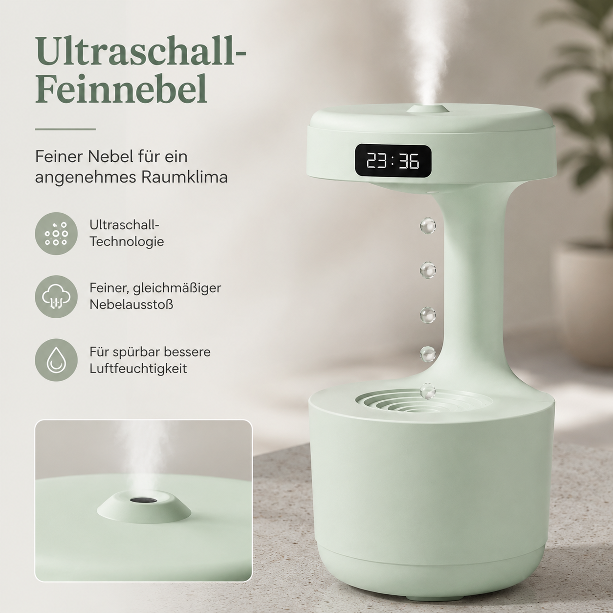 Ein hellgrüner Luftbefeuchter mit aufsteigendem Nebel, schwebenden Wassertropfen, Digitaluhr und deutschem Text.