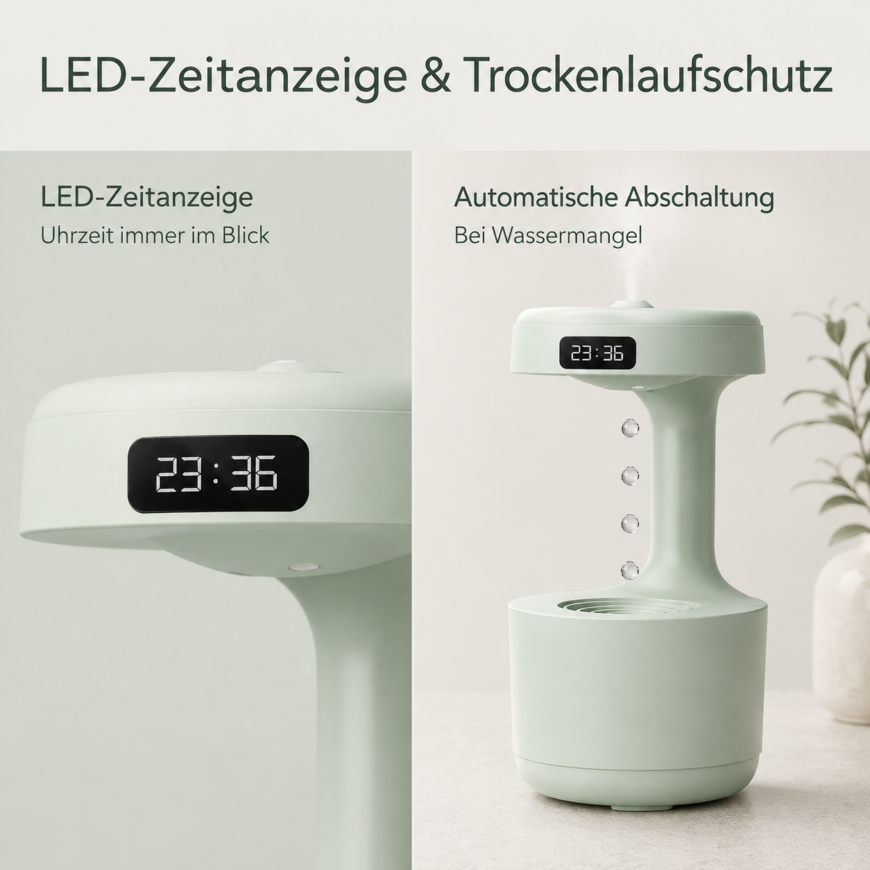 Hellgrüner Luftbefeuchter mit LED-Zeitanzeige und Wassertropfen-Effekt auf dem Tisch.