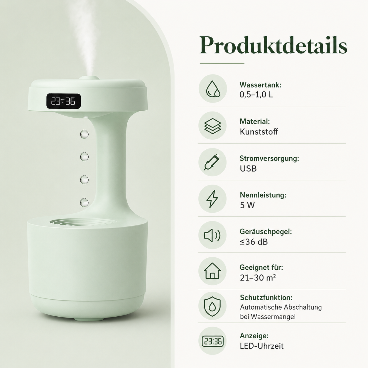 Hellgrüner Luftbefeuchter mit LED-Uhr und Wassertropfen-Effekt, rechts Produktdetails aufgeführt.
