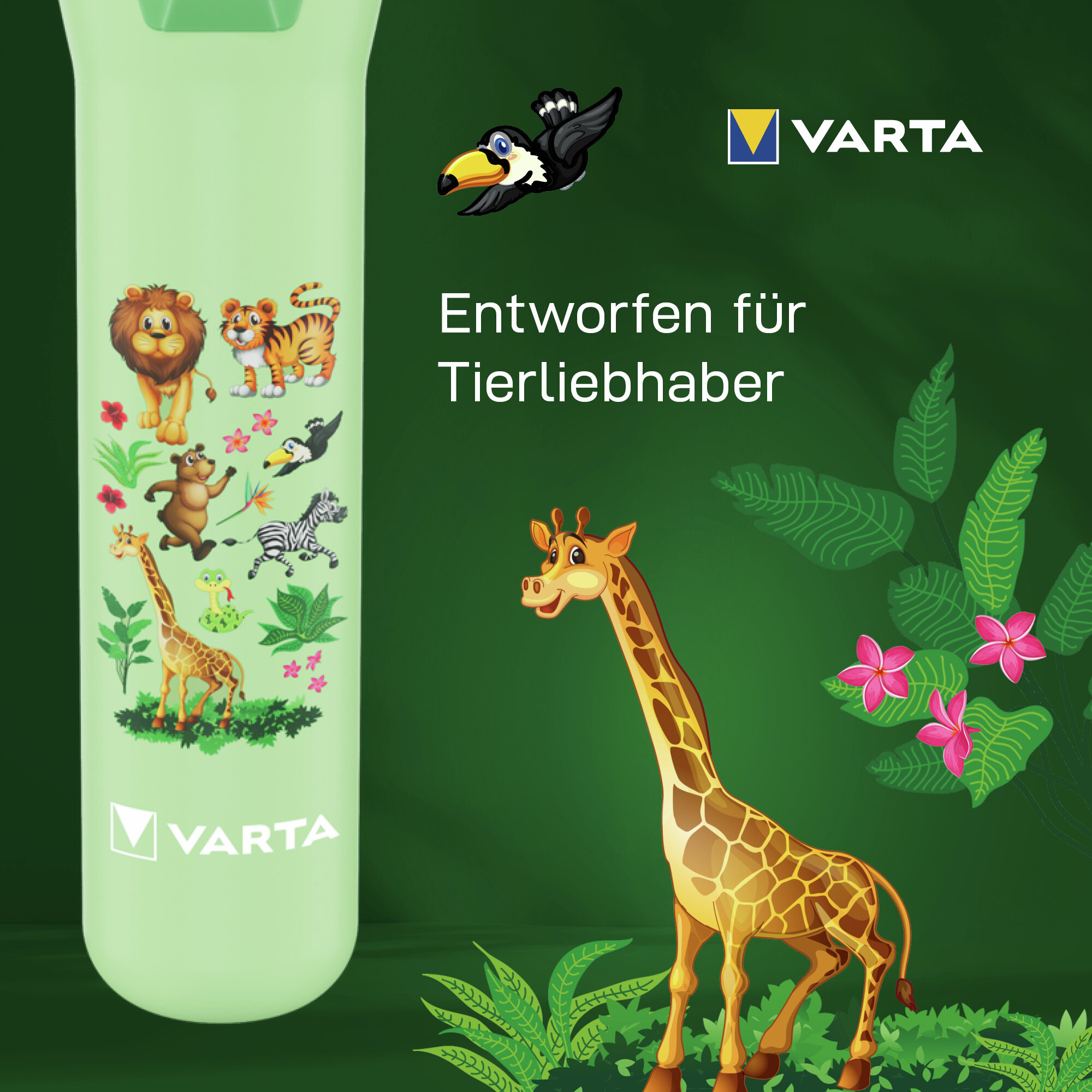 Botella verde Varta con gráficos de animales y texto "Diseñado para amantes de los animales" sobre fondo verde.