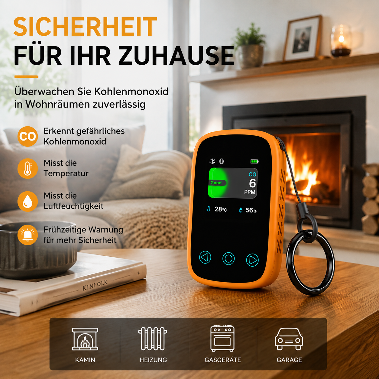 Ein orangefarbener CO-Melder steht auf einem Holztisch, im Hintergrund ein gemütliches Kaminfeuer.