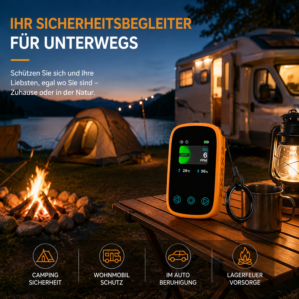 Ein CO-Melder auf einem Holztisch beim Camping mit Zelt, Wohnmobil und Lagerfeuer bei Nacht.