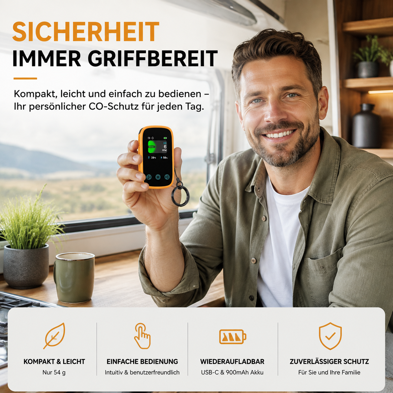 Ein lächelnder Mann zeigt ein kleines CO-Messgerät in einem Wohnmobil, mit Text auf dem Bild.