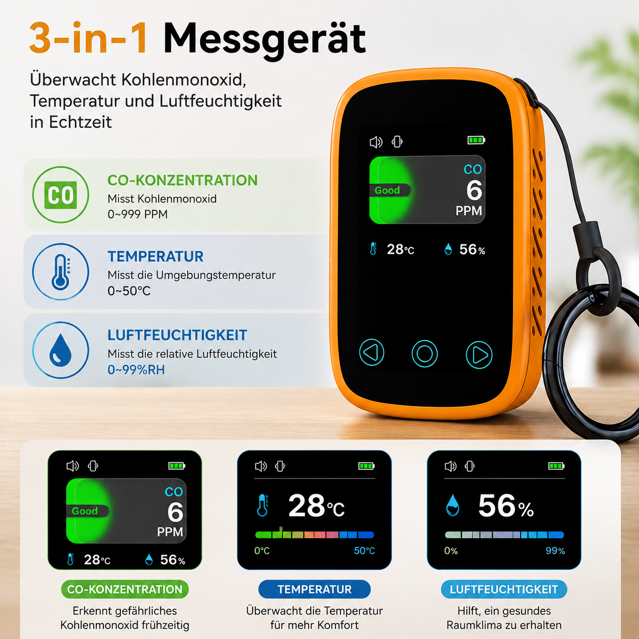 Ein oranges 3-in-1 Luftqualitätsmessgerät zeigt CO-Werte, Temperatur und Luftfeuchtigkeit auf dem Bildschirm.