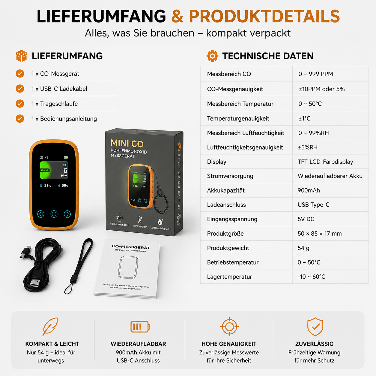 Produktübersicht eines CO-Messgeräts mit Zubehör, Verpackung und technischen Daten auf weißem Hintergrund.