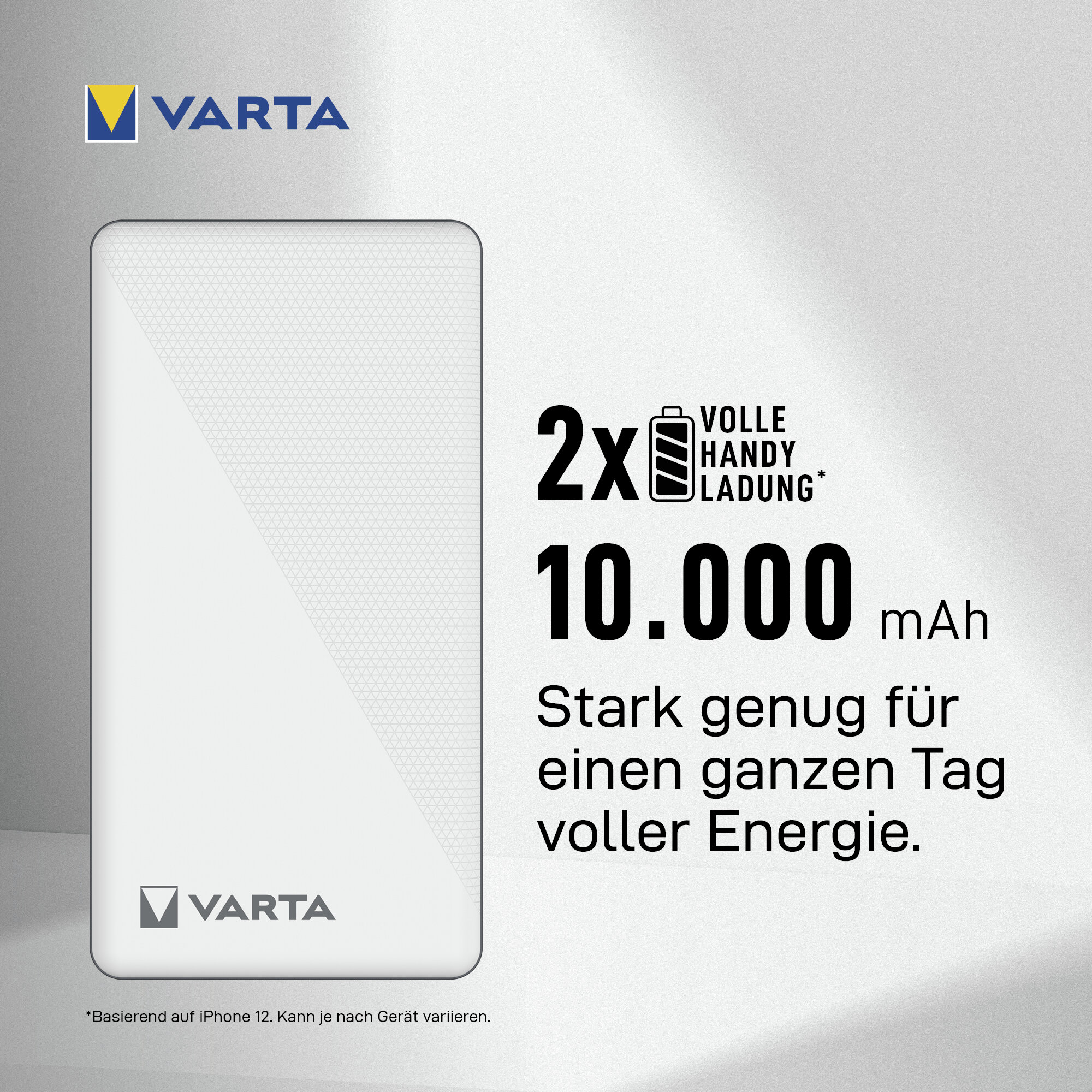 Varta Powerbank mit 10.000 mAh und Text auf silbergrauem Hintergrund.