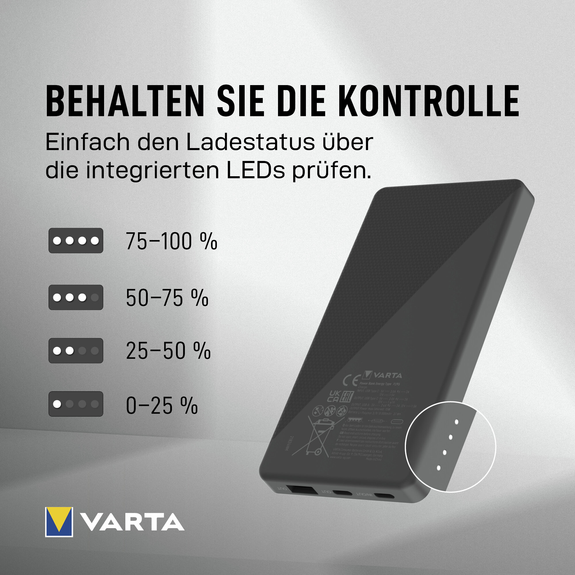 Eine Varta Powerbank mit LED-Anzeige zur Anzeige des Ladestatus von 0 bis 100 Prozent.
