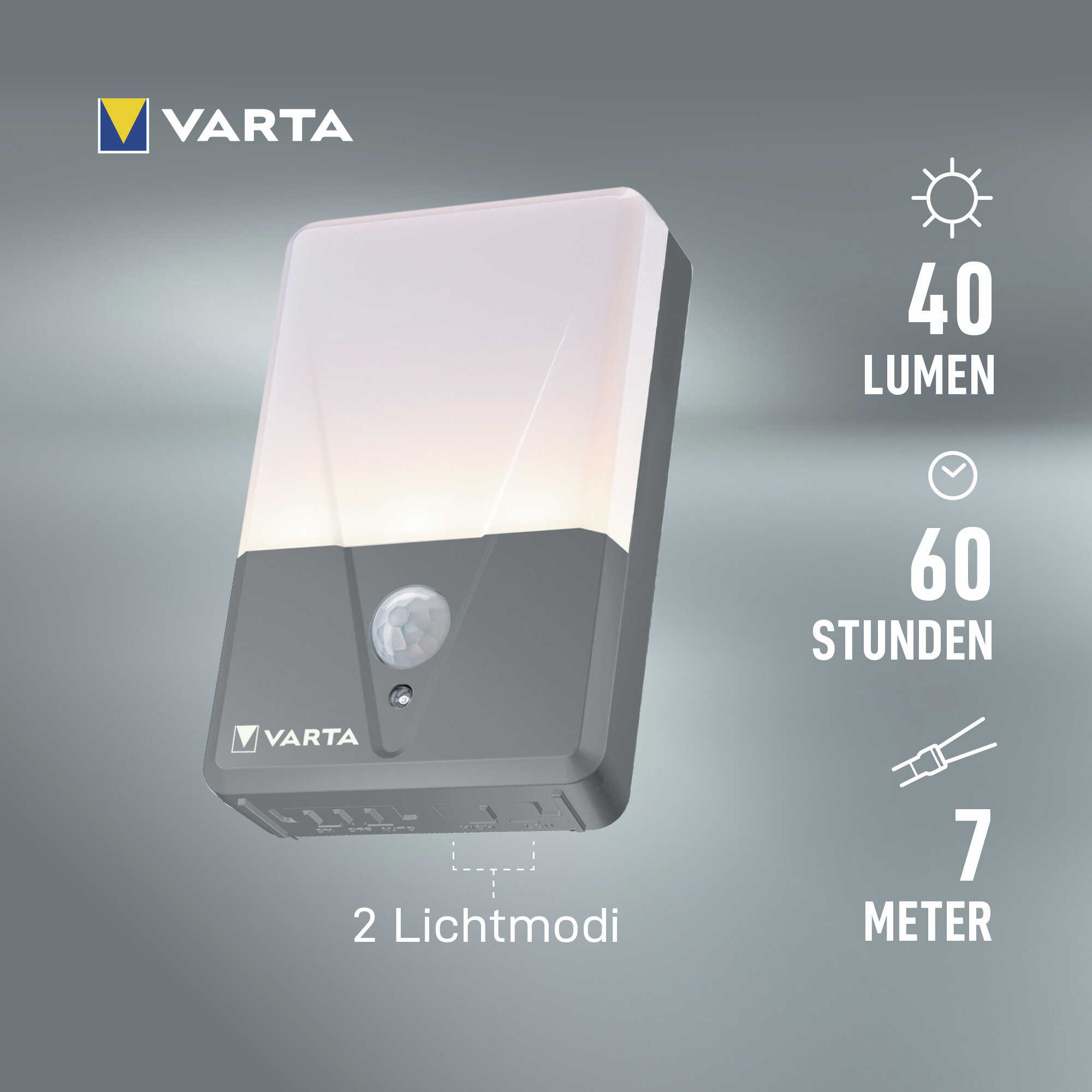 Varta LED-Wandleuchte mit Bewegungsmelder, 40 Lumen, 2 Lichtmodi, 60 Stunden Laufzeit und 7 Meter Reichweite.